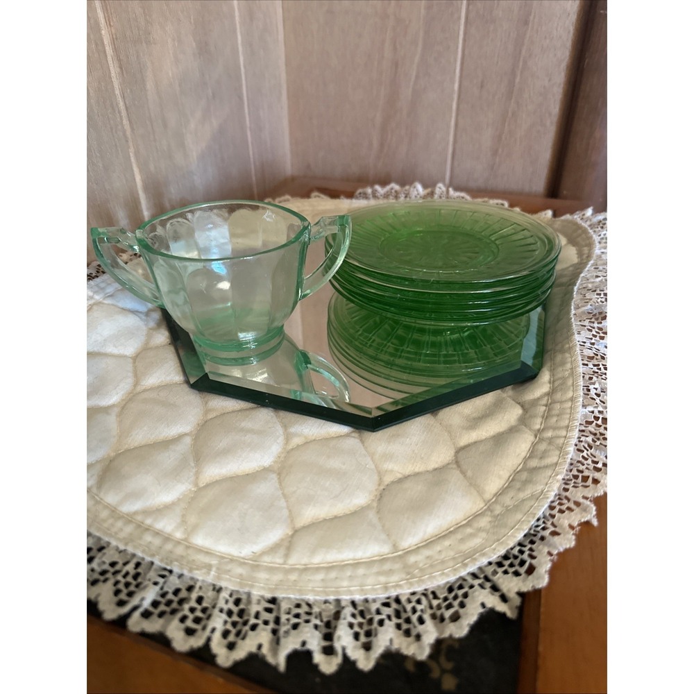 Vintage Green Depression Uranium Glass Open Sugar Bowl And Saucers